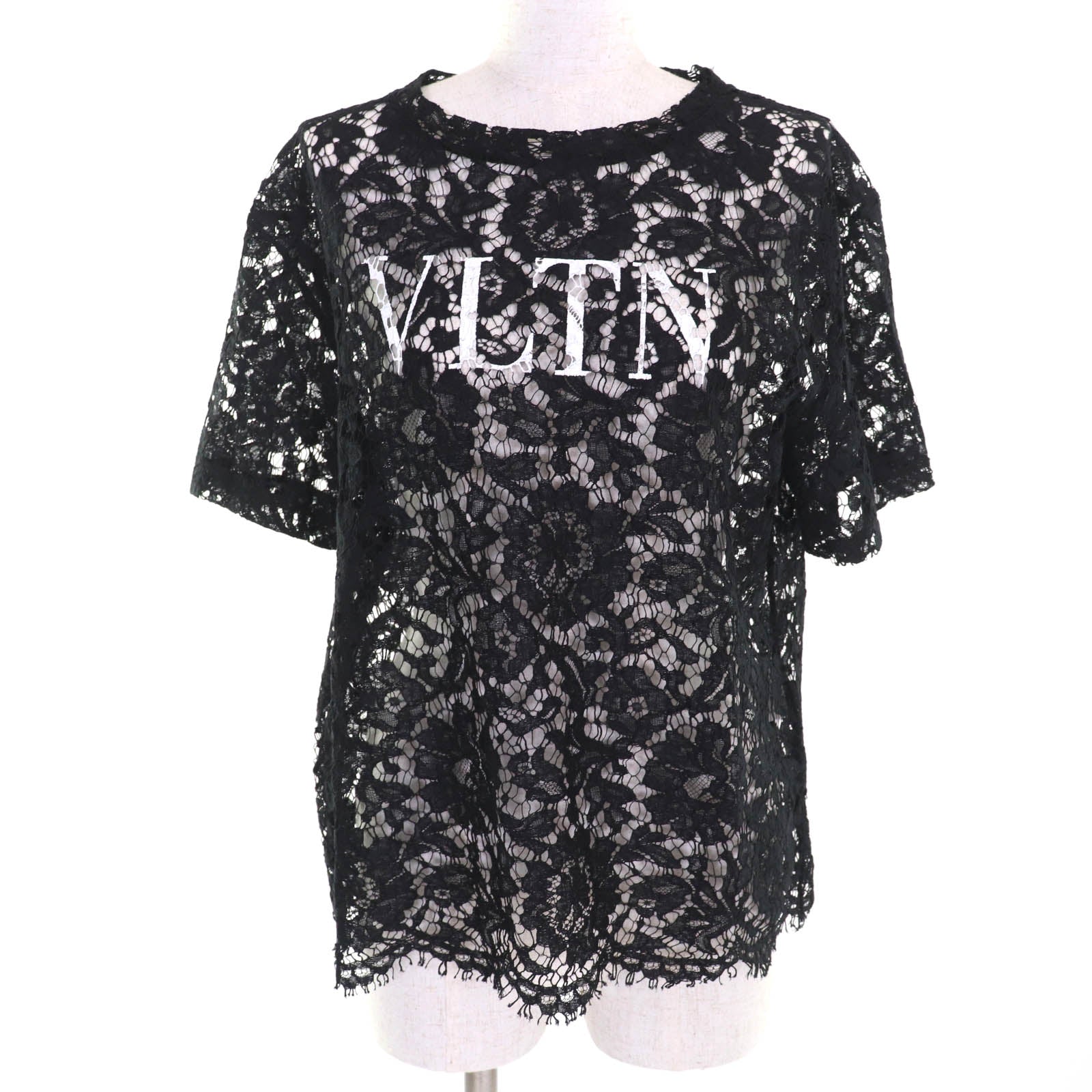 Excellent VALENTINO tops VLTN logo all lace short sleeves black Rayon Women S