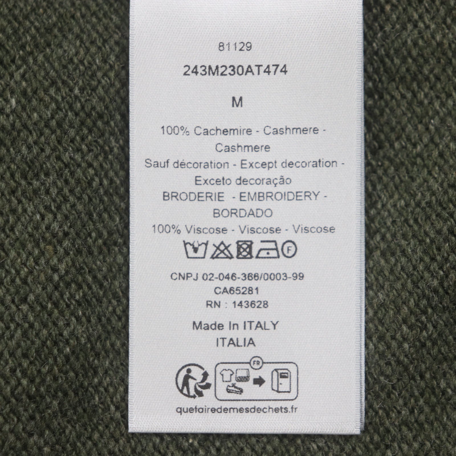 Pristine DIOR cardigan khaki cashmere mens M 243M230AT474