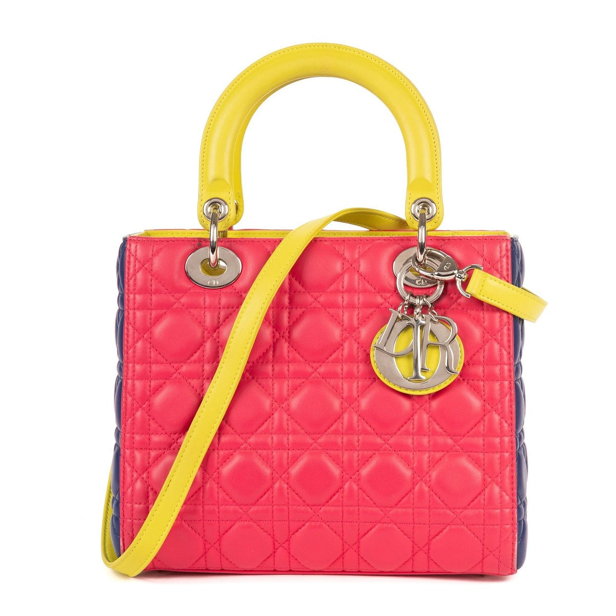 Dior Lady Tricolor Yellow Navy Cannage Quilt Handbag