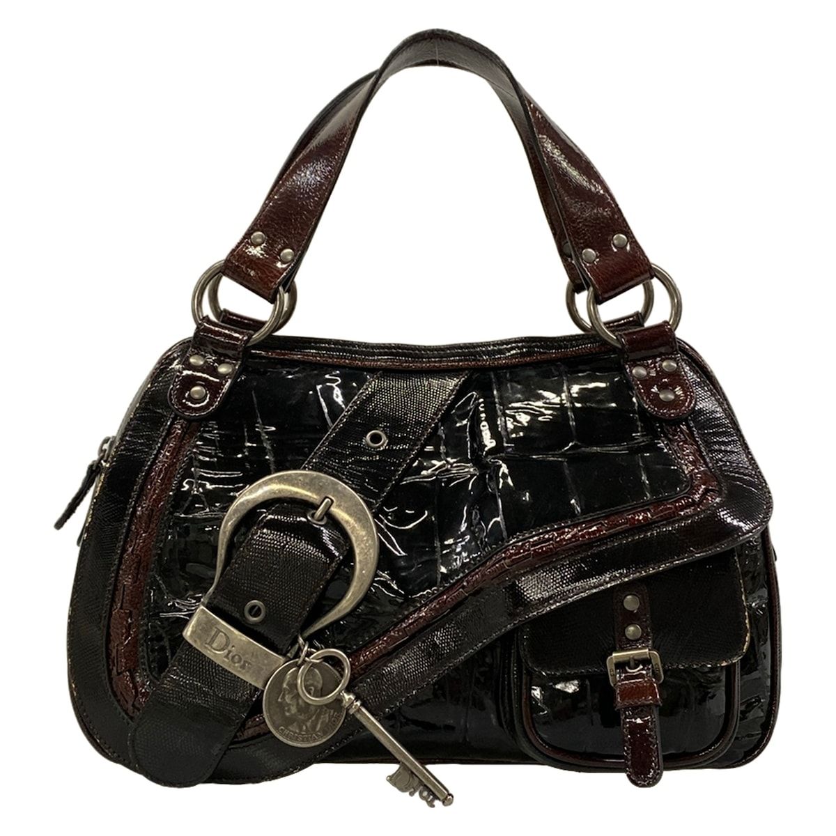Dior Handbag Gaucho Black Dark Brown Leather