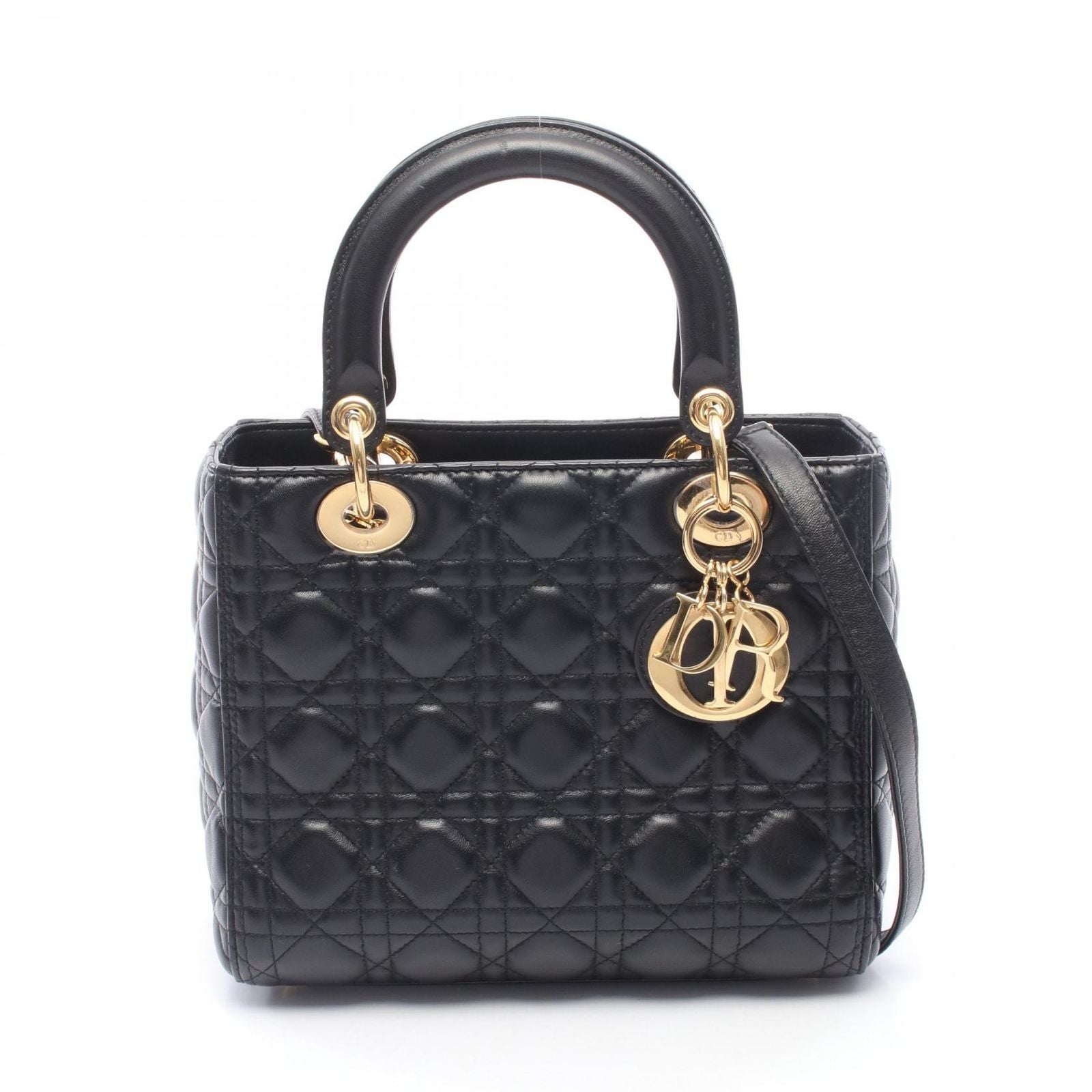Dior Handbag Lady Dior 2-Way Black Leather Cannage Tote
