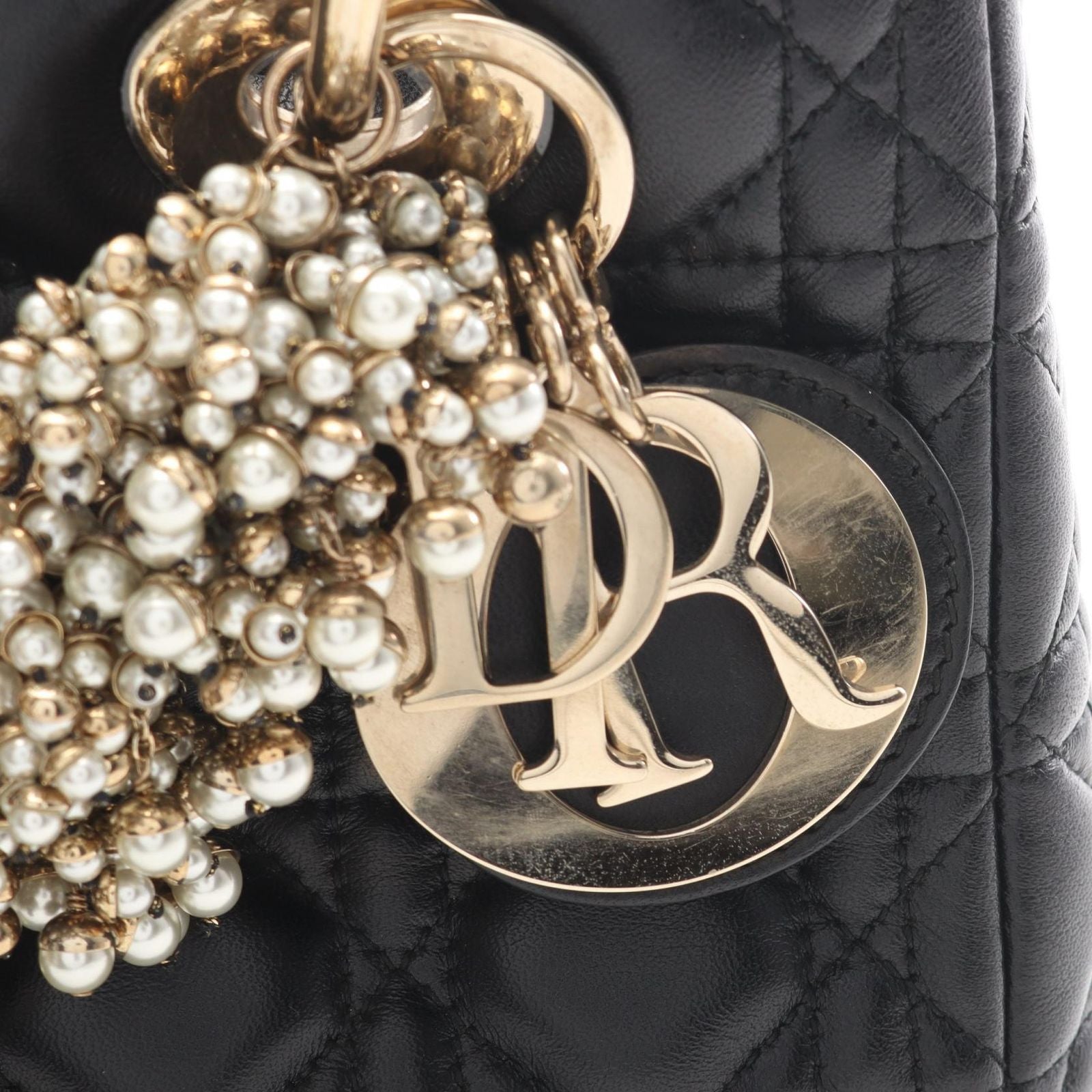 Dior Handbag Lady Dior Cannage Faux Pearl 2-Way Black Leather Tote