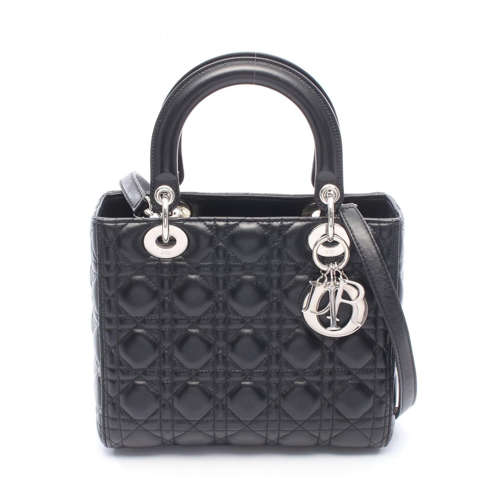 Dior Handbag Lady Dior 2-Way Black Leather Cannage Tote
