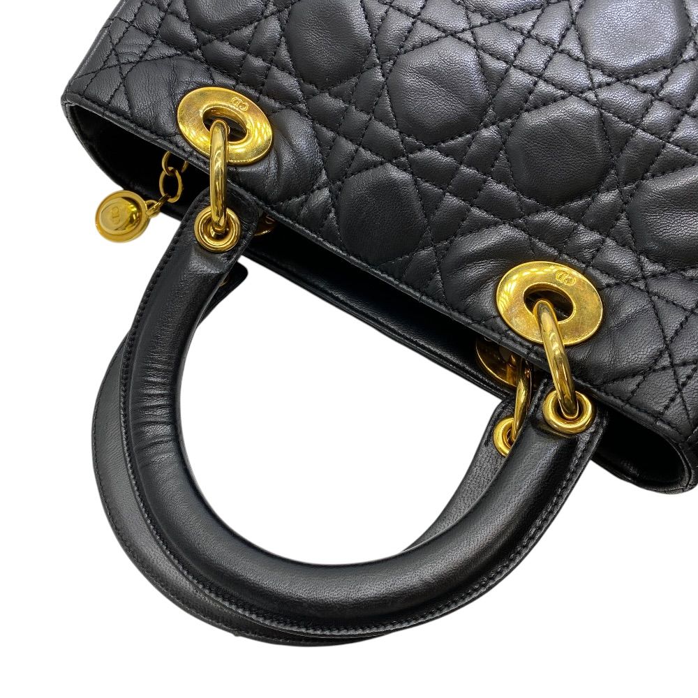 Dior Lady Cannage Handbag Gold Lambskin Leather Black Feminine