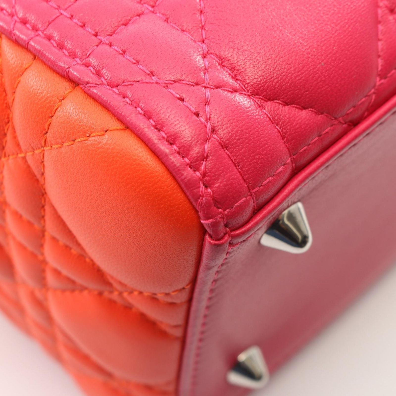 Dior Handbag Lady Dior Cannage 2-Way Magenta Orange Light Blue Leather Tote