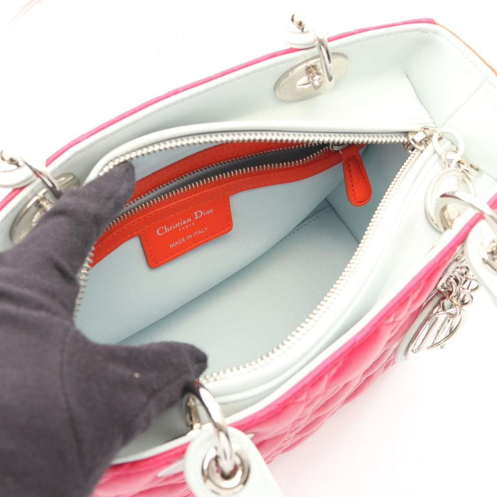 Dior Handbag Lady Dior Cannage 2-Way Magenta Orange Light Blue Leather Tote