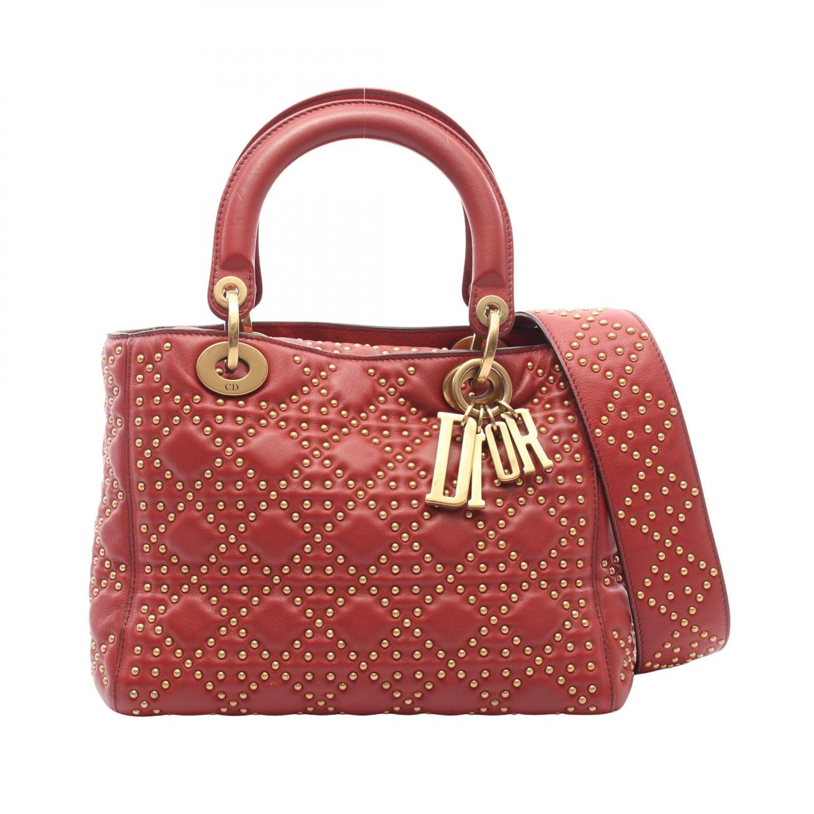 Dior Handbag Lady Dior 2-Way Red Leather Lady Dior Studs Tote