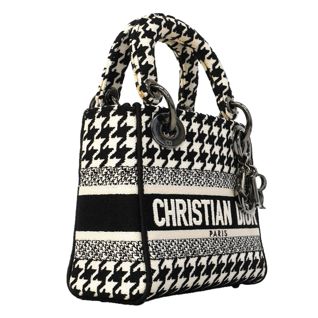 Dior Handbag Lady D Light Canvas White Black Silver 2-Way