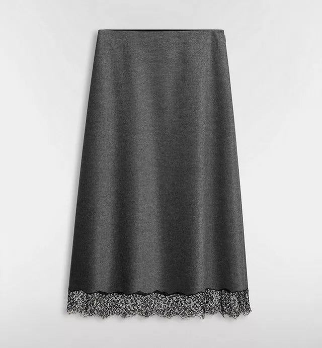 CD 26s Mid-Length Straight Skirt Black Wool Silk Lace