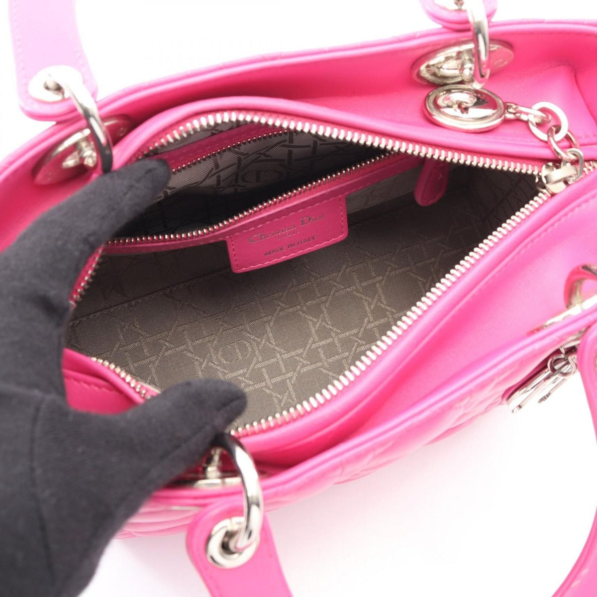 Dior Handbag Lady Cannage Fuchsia Pink Leather 2-Way Tote