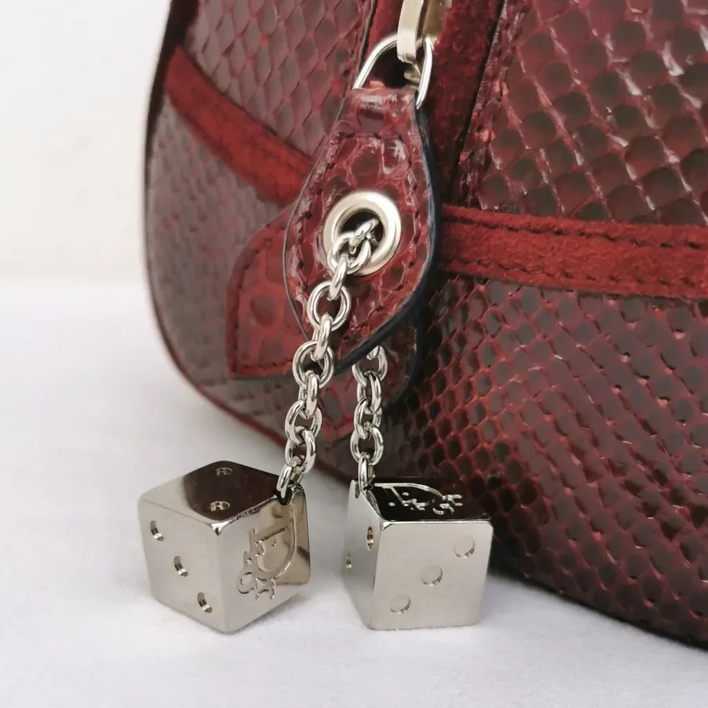 Rare Christian Dior Medium 2004 F/W Burgundy Suede Python Dice Gambler Bowling Bag