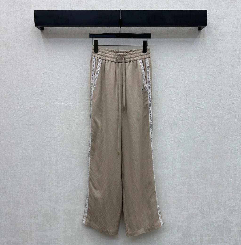 Dior 2026 Drawstring Linen Straight Leg Trouser Beige and Navy Blue Cotton