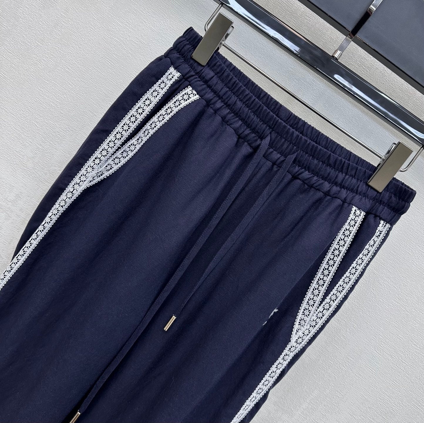 Dior 2026 Drawstring Linen Straight Leg Trouser Beige and Navy Blue Cotton