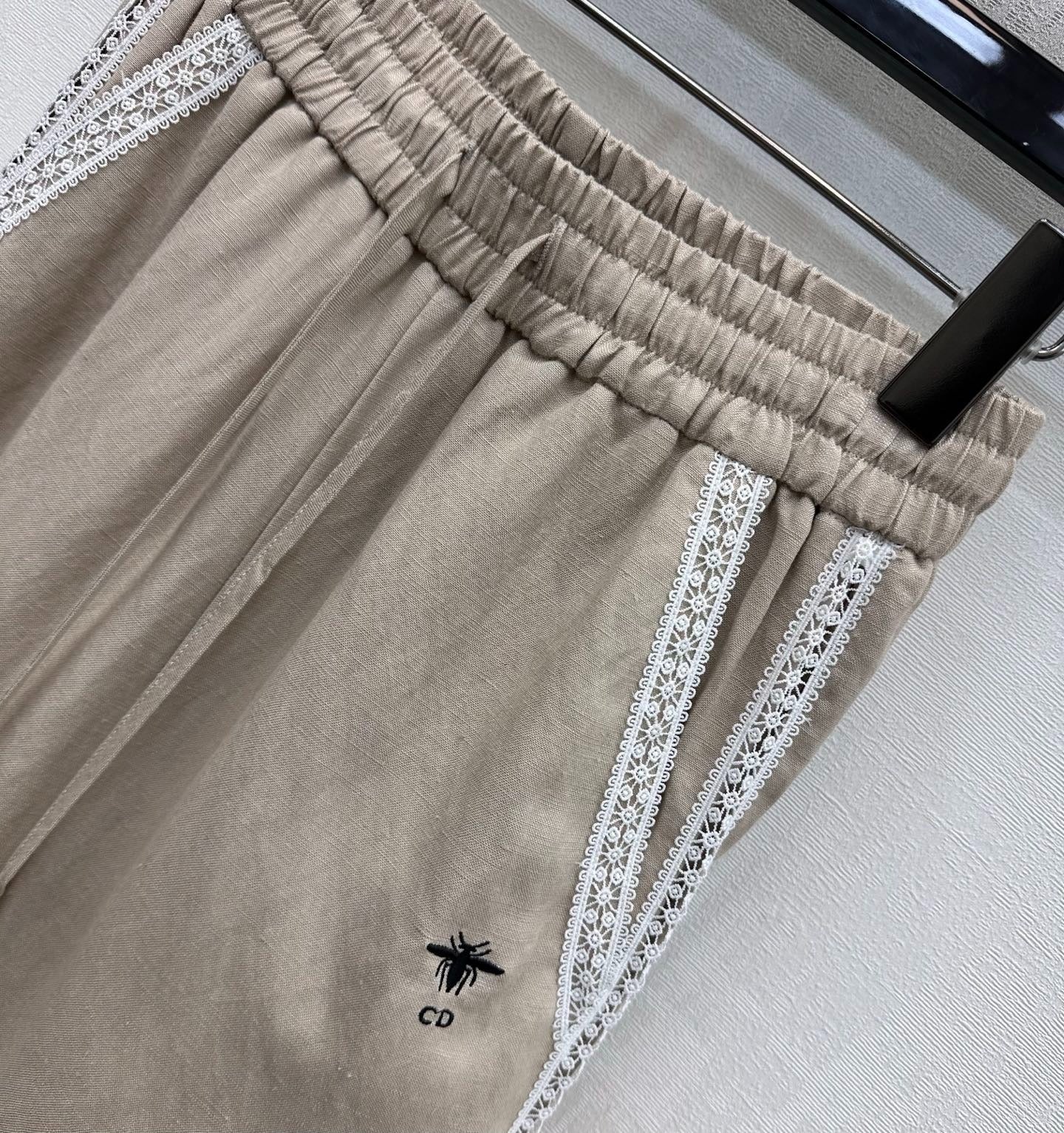 Dior 2026 Drawstring Linen Straight Leg Trouser Beige and Navy Blue Cotton