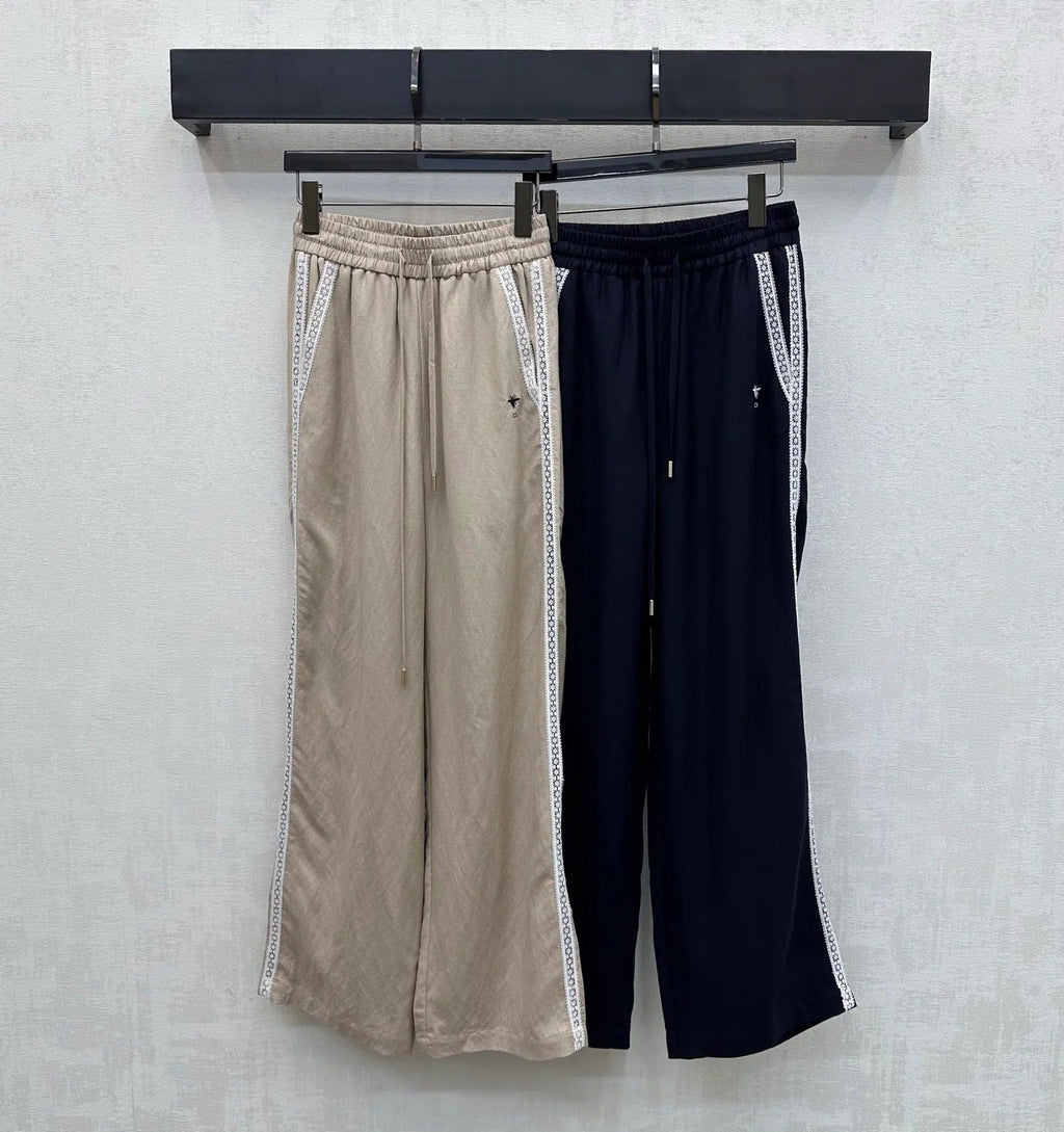 Dior 2026 Drawstring Linen Straight Leg Trouser Beige and Navy Blue Cotton